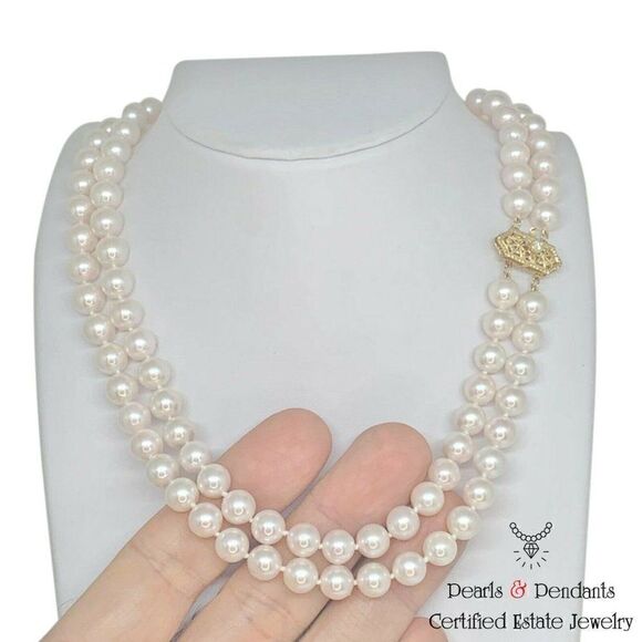 Diamond Akoya Pearl Necklace 8 mm 14k Gold 2-Strand Certified $9,750 010933 - Picture 3 of 8